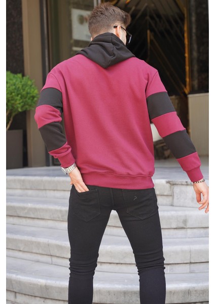 Bordo Kapüşonlu Çizgili Erkek Sweatshirt 6144