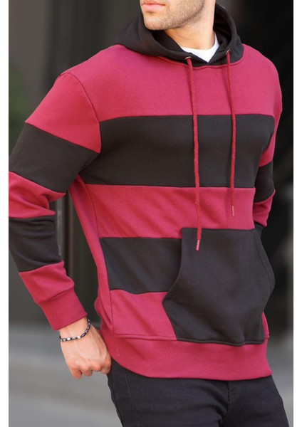 Bordo Kapüşonlu Çizgili Erkek Sweatshirt 6144