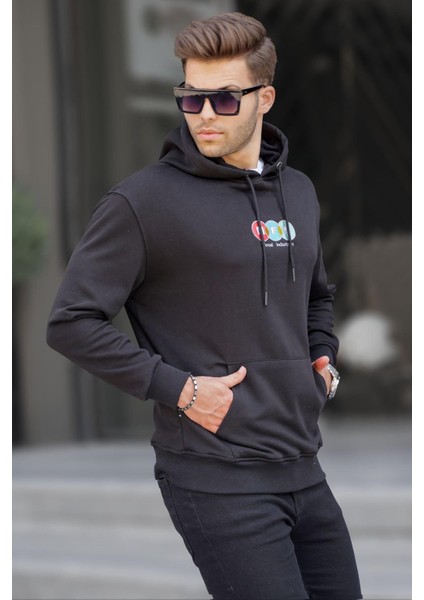 Siyah Kapüşonlu Nakışlı Erkek Sweatshirt 6145