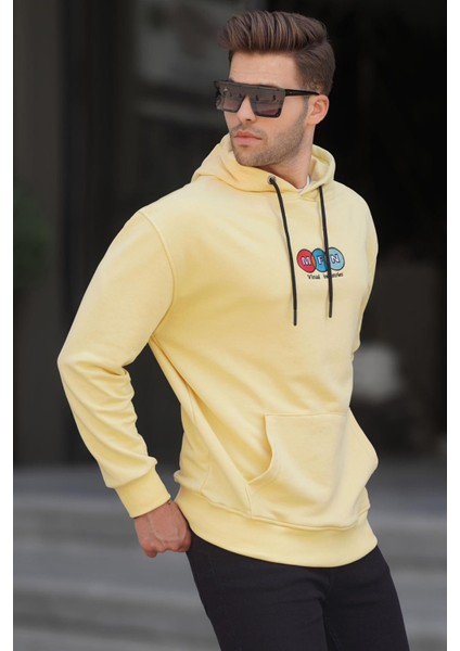 Sarı Kapüşonlu Nakışlı Erkek Sweatshirt 6145