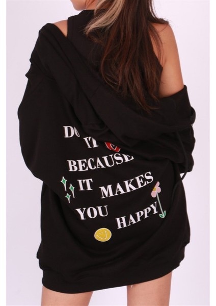 Mad Girls Siyah Kapüşonlu Sırt Baskılı Sweatshirt MG1195