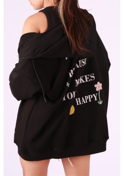 Mad Girls Siyah Kapüşonlu Sırt Baskılı Sweatshirt MG1195