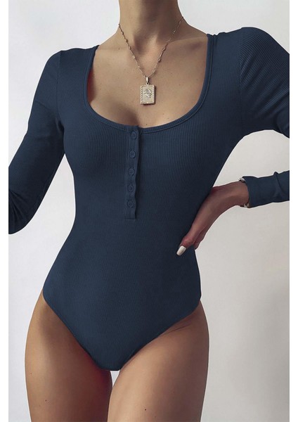 Lacivert Düğmeli Kadın Bodysuit MG1015