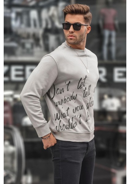 Boyalı Gri Baskılı Bisiklet Yaka Sweatshirt 6156