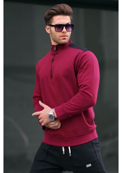 Bordo Fermuar Yaka Basic Erkek Sweatshirt 6157