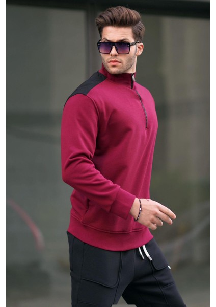 Bordo Fermuar Yaka Basic Erkek Sweatshirt 6157