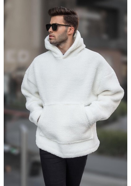 Beyaz Oversize Peluş Erkek Sweatshirt 6160