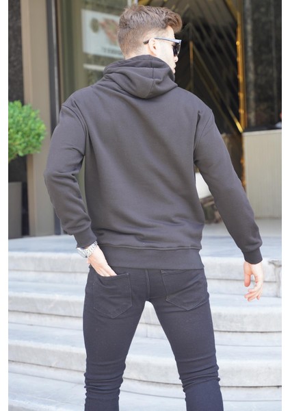 Siyah Kapüşonlu Nakışlı Erkek Sweatshirt 6145