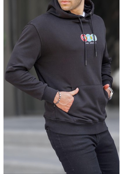 Siyah Kapüşonlu Nakışlı Erkek Sweatshirt 6145