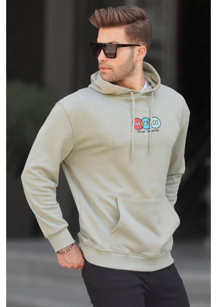 Mint Yeşili Kapüşonlu Nakışlı Erkek Sweatshirt 6145