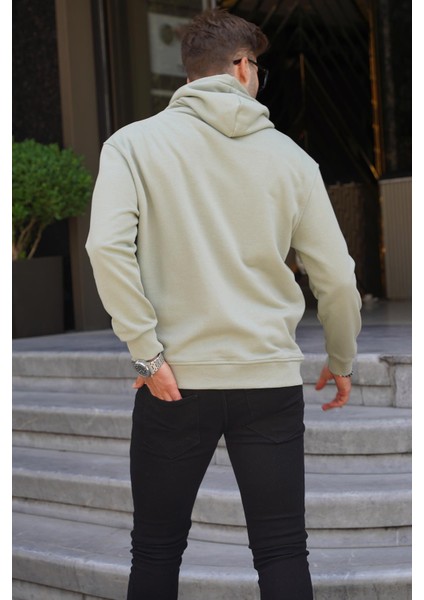 Mint Yeşili Kapüşonlu Nakışlı Erkek Sweatshirt 6145