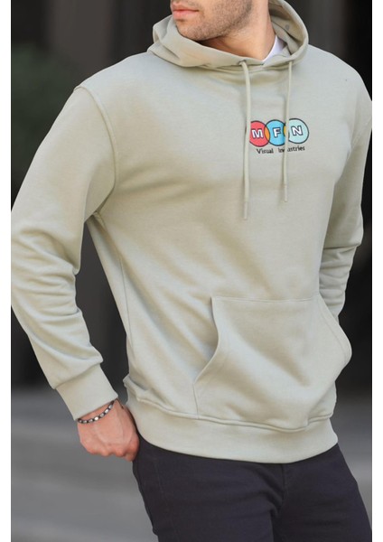 Mint Yeşili Kapüşonlu Nakışlı Erkek Sweatshirt 6145