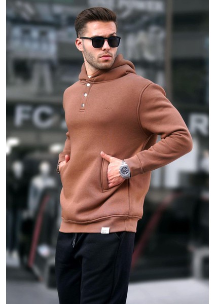 Kahverengi Kapüşonlu Düğme Detaylı Sweatshirt 6150