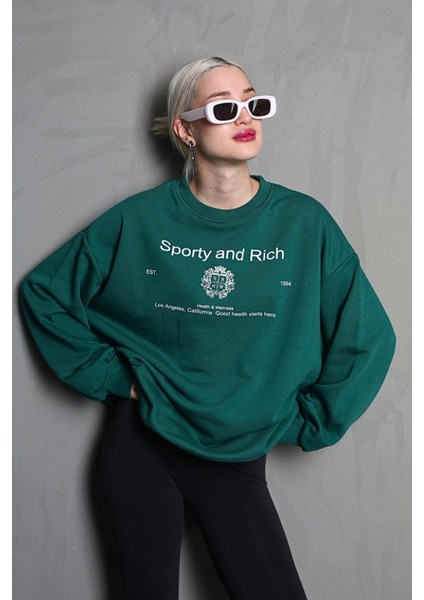 Koyu Yeşil Bisiklet Yaka Baskılı Oversize Kadın Sweatshirt MG1577 fiyatları