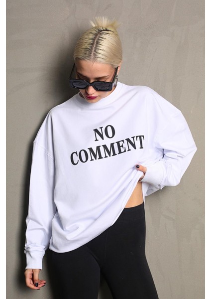 Beyaz Bisiklet Yaka Baskılı Oversize Kadın Sweatshirt MG1902