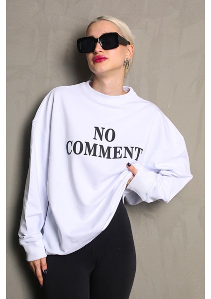 Beyaz Bisiklet Yaka Baskılı Oversize Kadın Sweatshirt MG1902 fiyatları