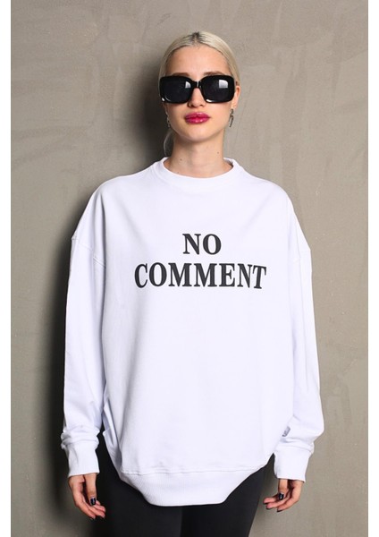 Beyaz Bisiklet Yaka Baskılı Oversize Kadın Sweatshirt MG1902 modelleri