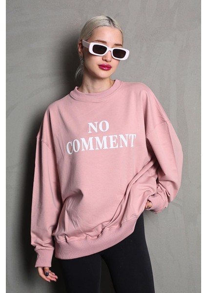 Pembe Bisiklet Yaka Baskılı Oversize Kadın Sweatshirt MG1902