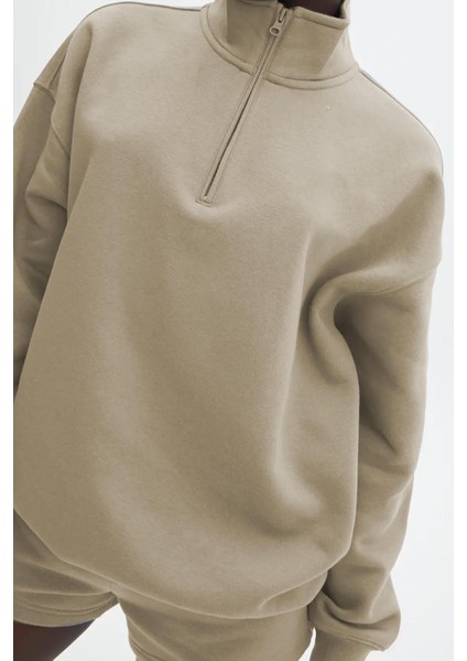 Bej Fermuar Detaylı Oversize Sweatshirt MG1933