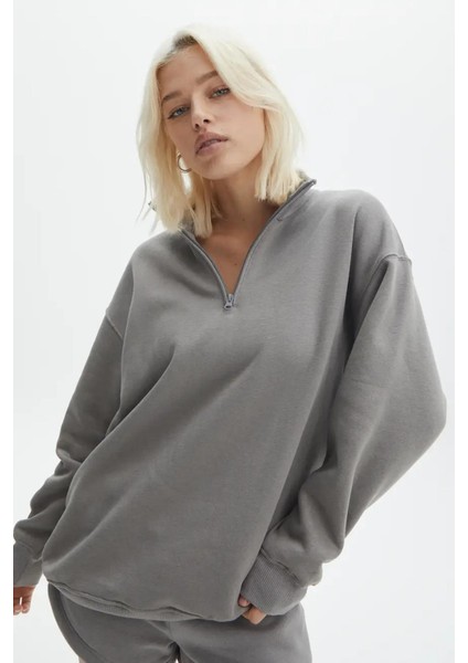 Boyalı Gri Fermuar Detaylı Oversize Sweatshirt MG1933