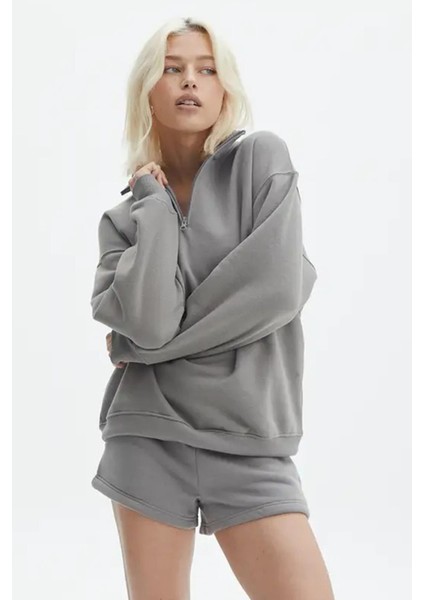 Boyalı Gri Fermuar Detaylı Oversize Sweatshirt MG1933 fiyatları