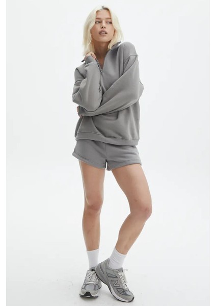 Boyalı Gri Fermuar Detaylı Oversize Sweatshirt MG1933 fırsatları