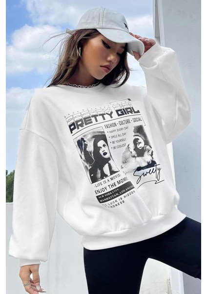 Beyaz Baskılı Oversize Kadın Sweatshirt  MG1923