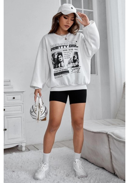 Beyaz Baskılı Oversize Kadın Sweatshirt  MG1923