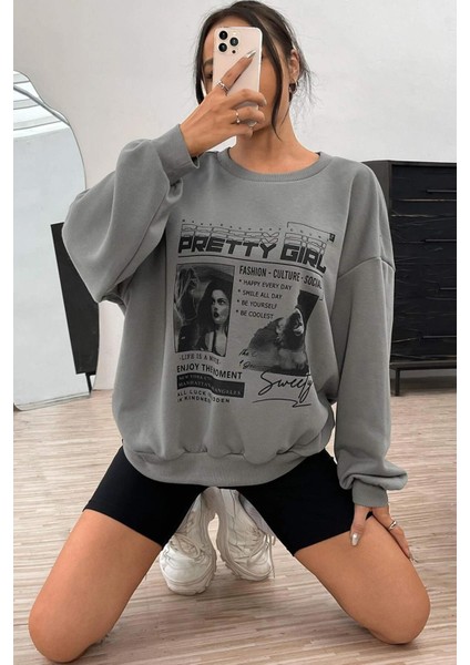 Füme Baskılı Oversize Kadın Sweatshirt MG1923