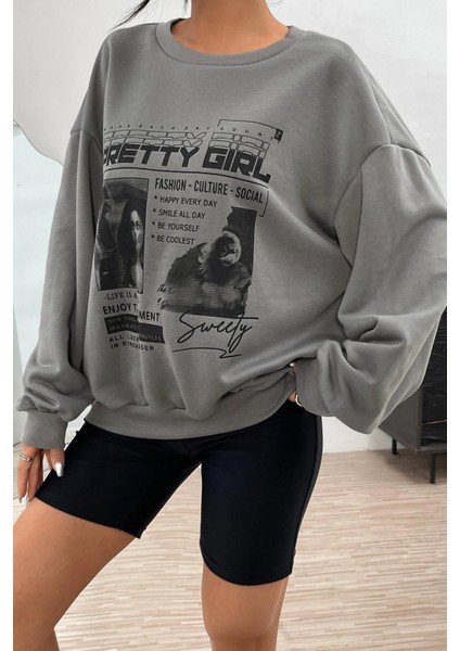 Füme Baskılı Oversize Kadın Sweatshirt MG1923 fiyatları