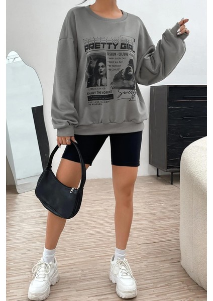 Füme Baskılı Oversize Kadın Sweatshirt MG1923 fırsatları