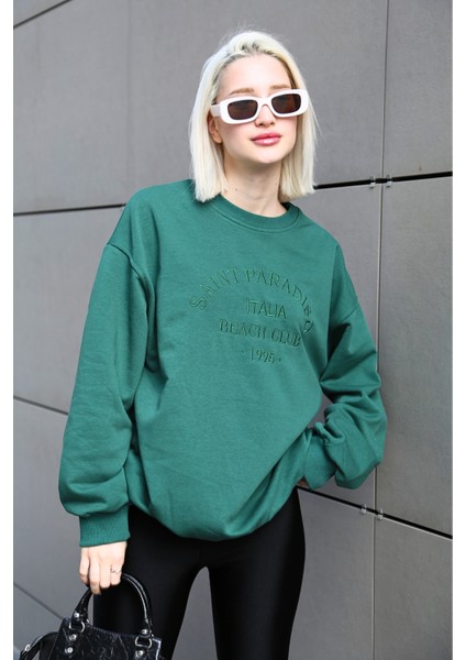 Yeşil Bisiklet Yaka Baskılı Sweatshirt MG1924
