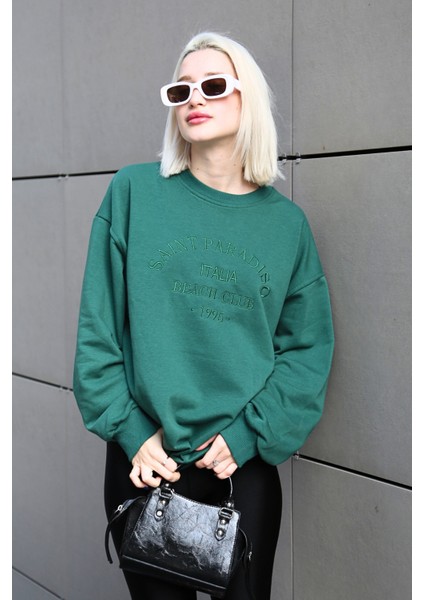 Yeşil Bisiklet Yaka Baskılı Sweatshirt MG1924