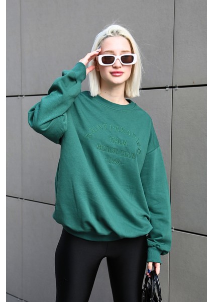 Yeşil Bisiklet Yaka Baskılı Sweatshirt MG1924