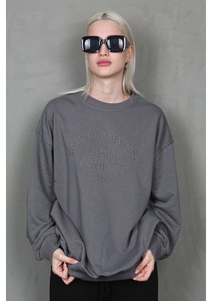 Füme Bisiklet Yaka Baskılı Sweatshirt MG1924