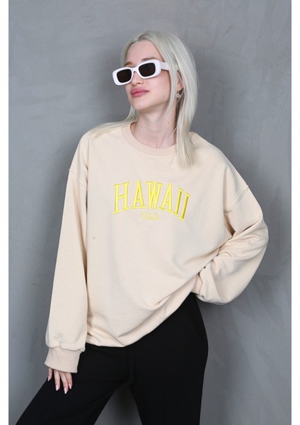 Bej Bisiklet Yaka Baskılı Sweatshirt MG1922