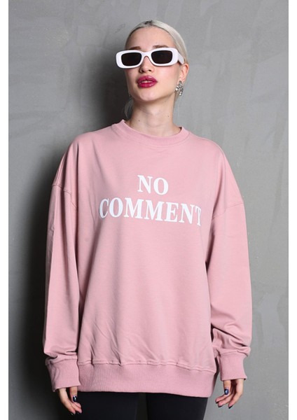 Pembe Bisiklet Yaka Baskılı Oversize Kadın Sweatshirt MG1902