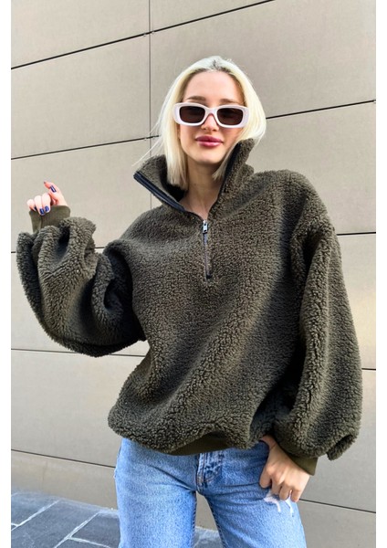 Haki Peluş Fermuar Yaka Sweatshirt MG1413