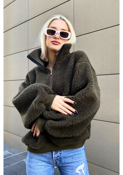 Haki Peluş Fermuar Yaka Sweatshirt MG1413 fiyatları