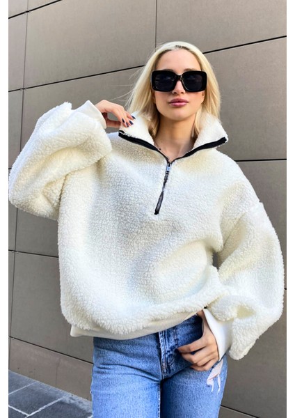 Beyaz Peluş Fermuar Yaka Sweatshirt MG1413