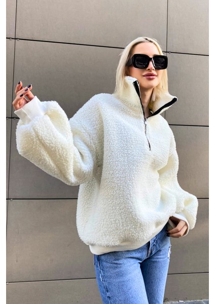 Beyaz Peluş Fermuar Yaka Sweatshirt MG1413 fiyatları