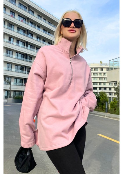 Gül Kurusu Fermuar Yaka Yırtmaçlı Sweatshirt MG1903 fiyatları