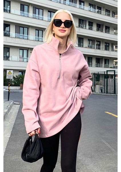 Gül Kurusu Fermuar Yaka Yırtmaçlı Sweatshirt MG1903