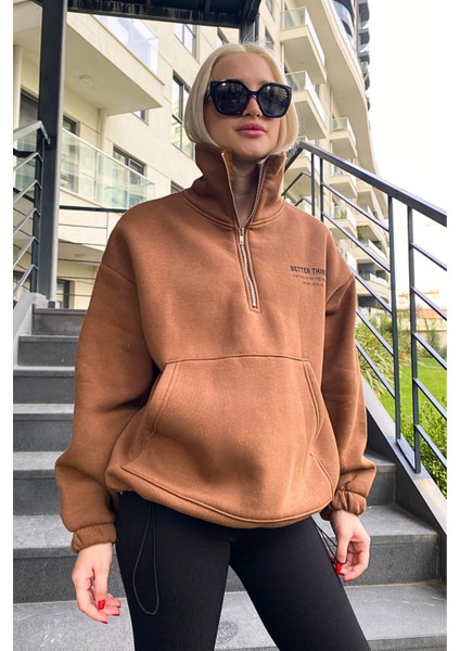 Kahverengi Dik Yaka Fermuarlı Kadın Sweatshirt MG1935