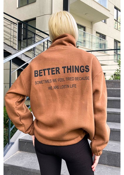 Kahverengi Dik Yaka Fermuarlı Kadın Sweatshirt MG1935