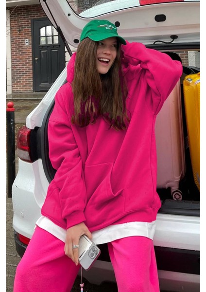 Fuşya Kapüşonlu Şardonlu Oversize Sweatshirt MG1566