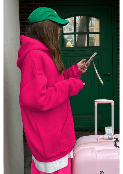 Fuşya Kapüşonlu Şardonlu Oversize Sweatshirt MG1566 fiyatları