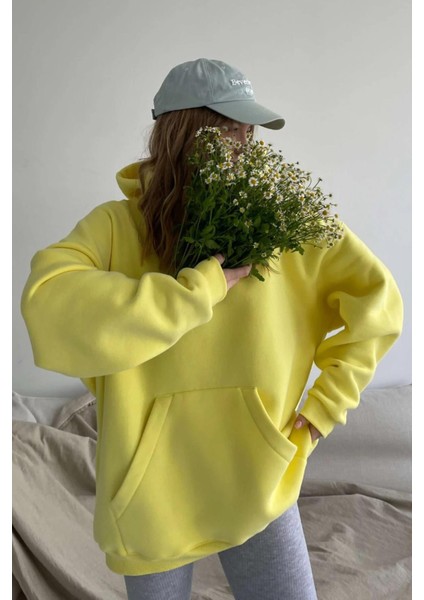 Sarı Kapüşonlu Şardonlu Oversize Sweatshirt MG1566