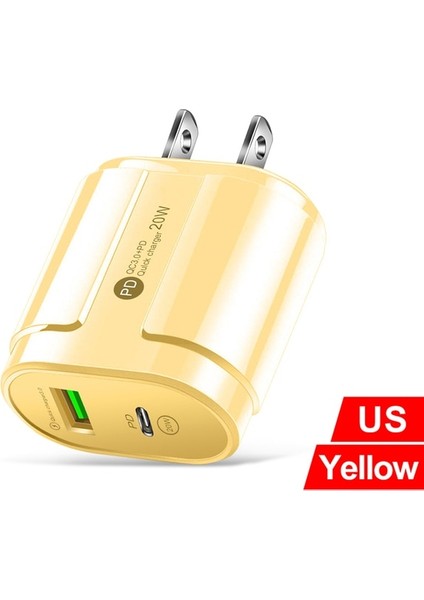 Abd-Sarı 20W Çift USB Şarj Cihazı Ab Abd Tak Duvar Şarj Tipi C Pd Cep Telefonu Şarj Cihazı IPHONE12 11 Samsung Xiaomi Güç Kaynağı Adaptörü (Yurt Dışından)
