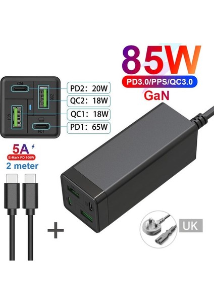 Siyah Ingiltere ve Kablo Urvns 4-Port 85W Gan USB C Hızlı Şarj Cihazı, Pd 65W Pps 45W 20W Qc3.0 MacBook Dizüstü iPhone Xiaomi Samsung Için Güç Adaptörü Kaynağı (Yurt Dışından)